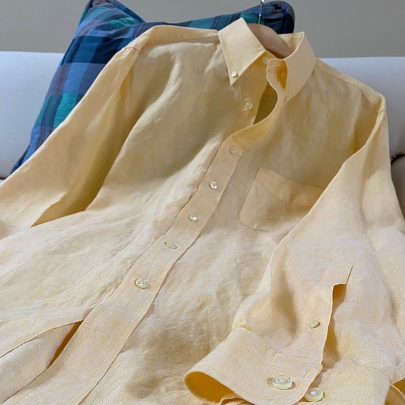 BROOKS BROTHERS 346 MEN’S 100% LINEN SHIRT YELLOW SIZE LARGE - Picture 9 of 15